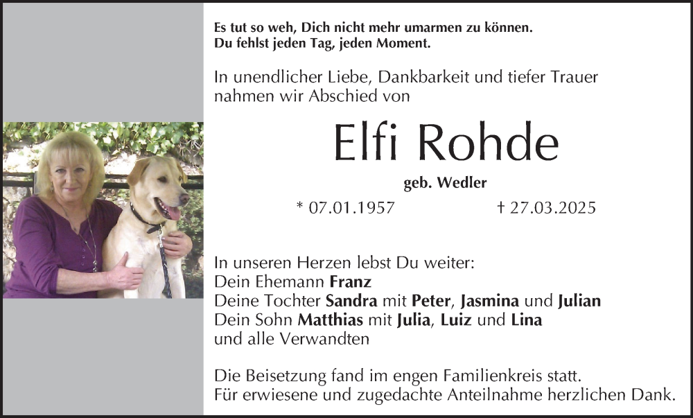  Traueranzeige für Elfi Rohde vom 03.05.2025 aus MGO