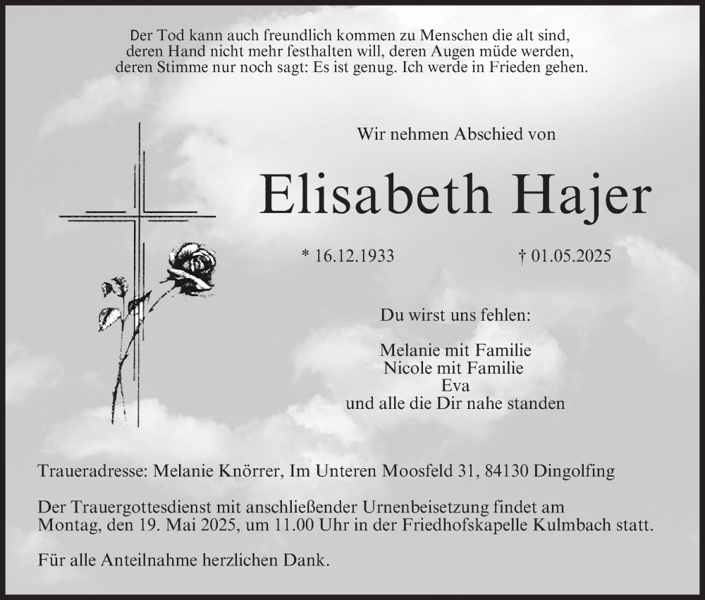  Traueranzeige für Elisabeth Hajer vom 14.05.2025 aus MGO