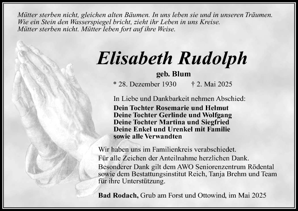  Traueranzeige für Elisabeth Rudolph vom 10.05.2025 aus MGO
