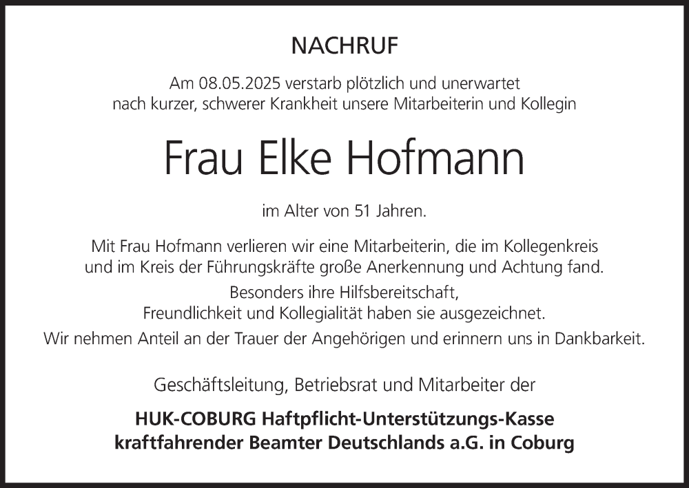  Traueranzeige für Elke Hofmann vom 20.05.2025 aus MGO