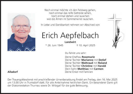 Anzeige von Erich Aepfelbach von MGO