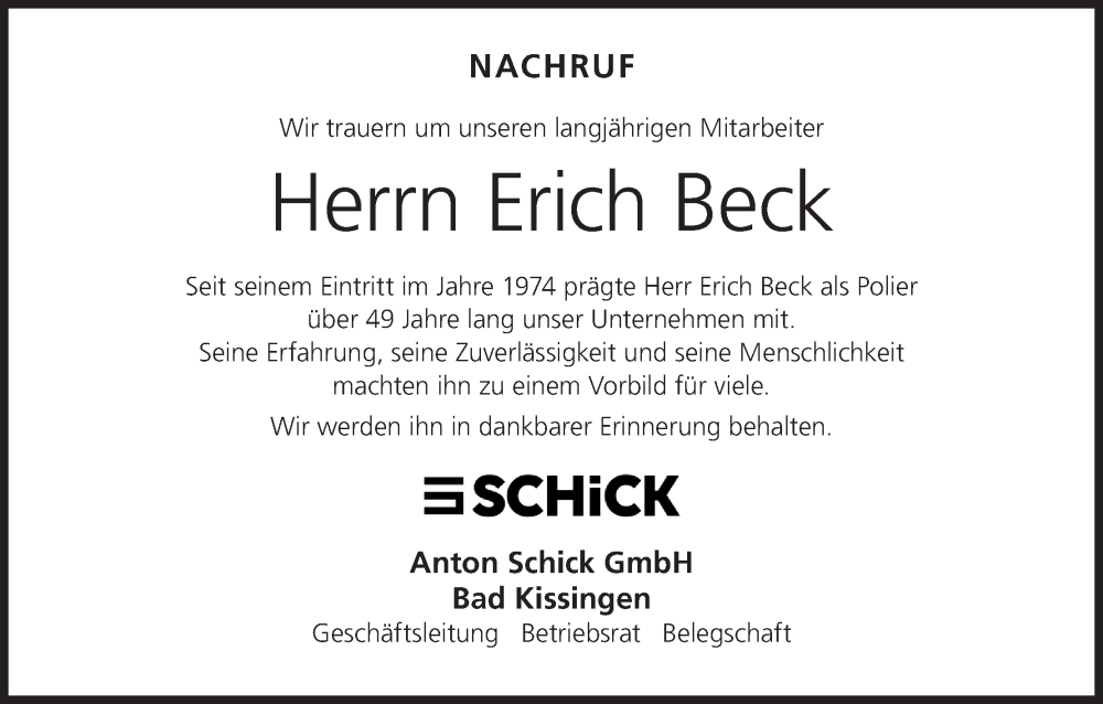 Traueranzeige für Erich Beck vom 31.05.2025 aus MGO