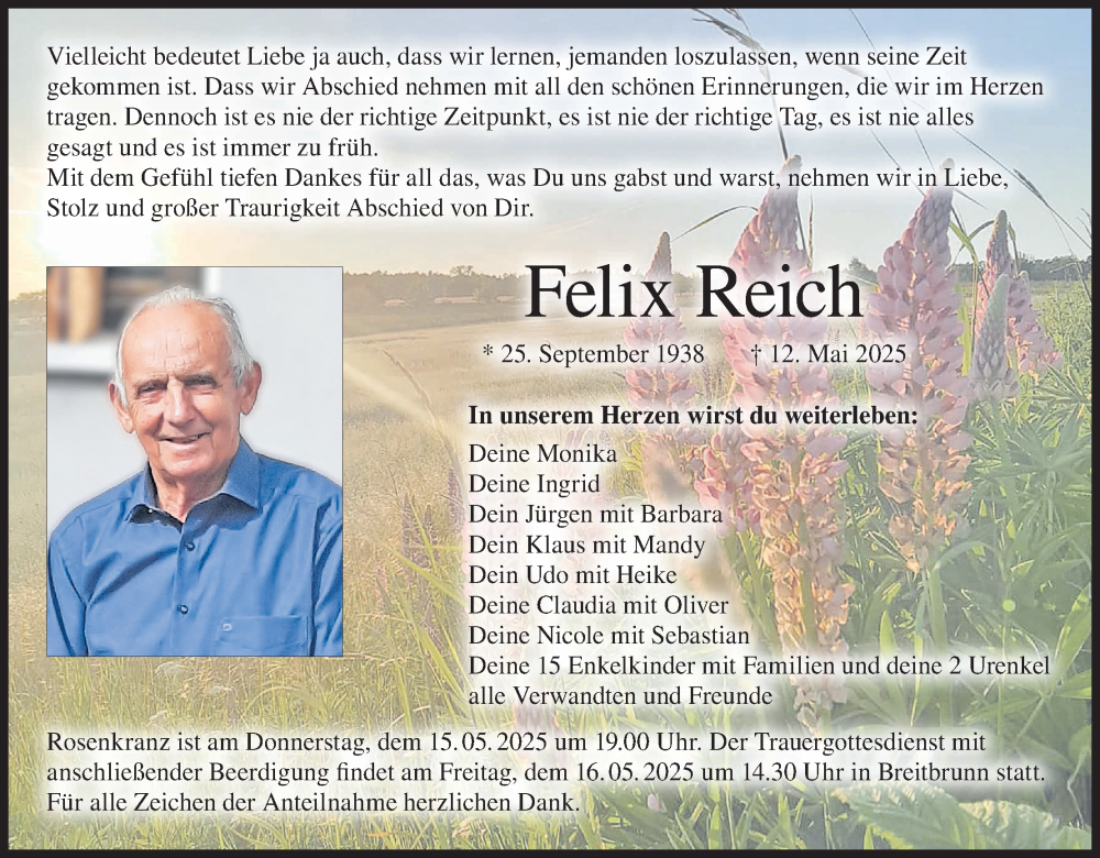  Traueranzeige für Felix Reich vom 14.05.2025 aus MGO