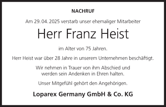 Anzeige von Franz Heist von MGO