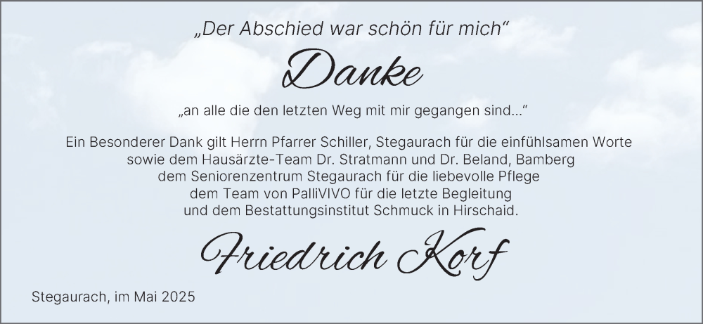  Traueranzeige für Friedrich Korf vom 17.05.2025 aus MGO