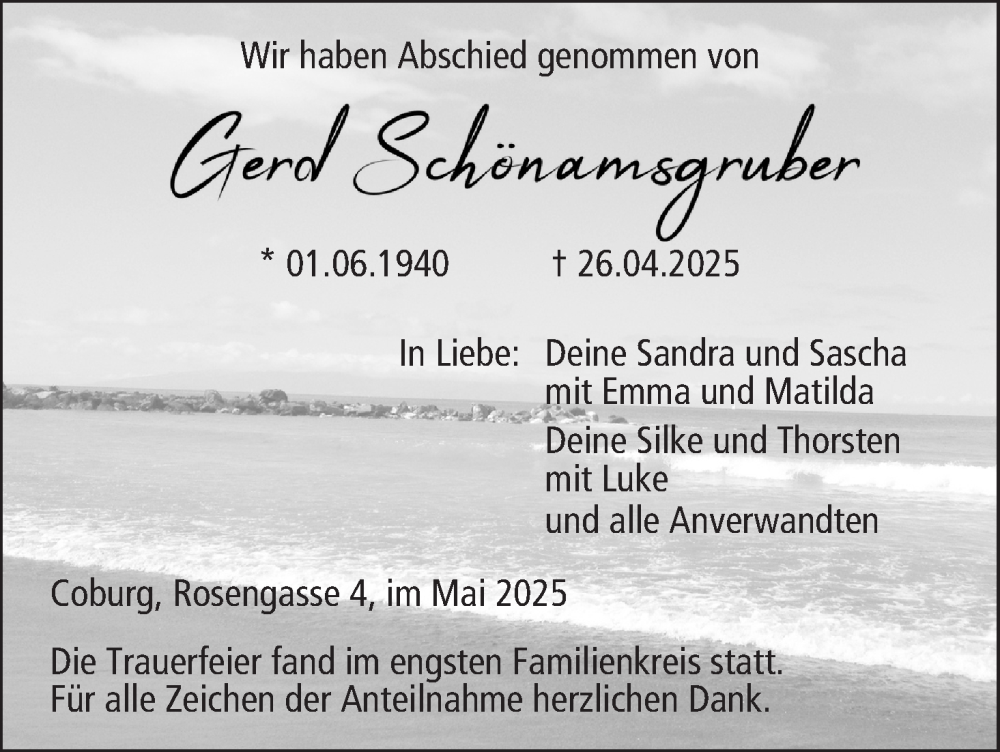  Traueranzeige für Gerd Schönamsgruber vom 10.05.2025 aus MGO