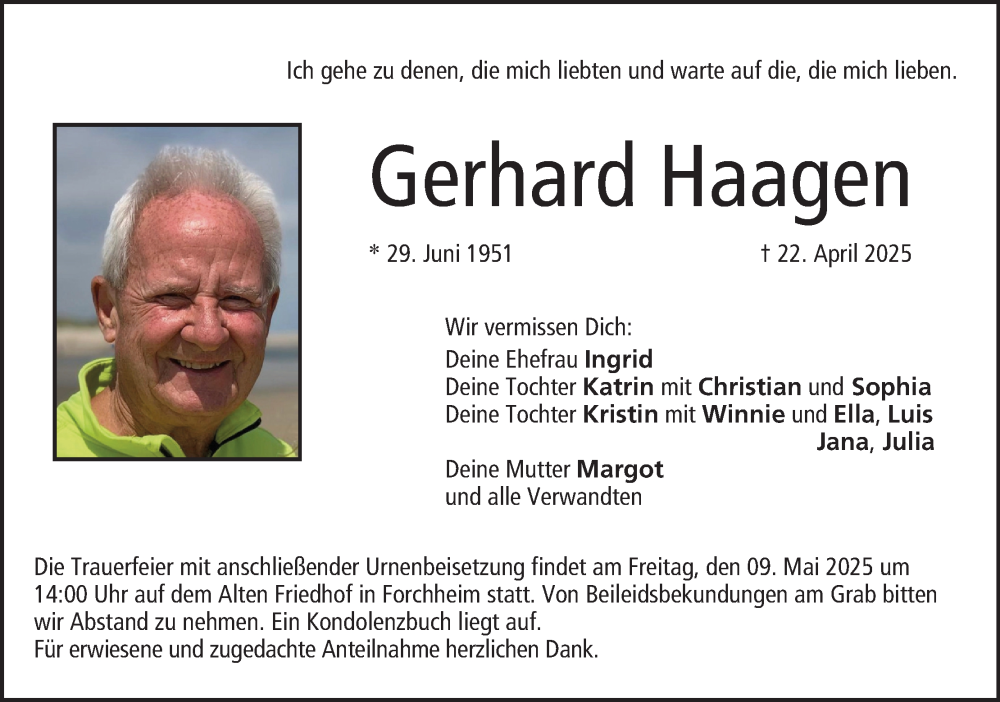  Traueranzeige für Gerhard Haagen vom 03.05.2025 aus MGO