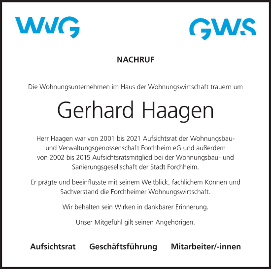 Anzeige von Gerhard Haagen von MGO