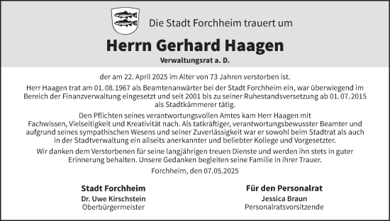 Anzeige von Gerhard Haagen von MGO