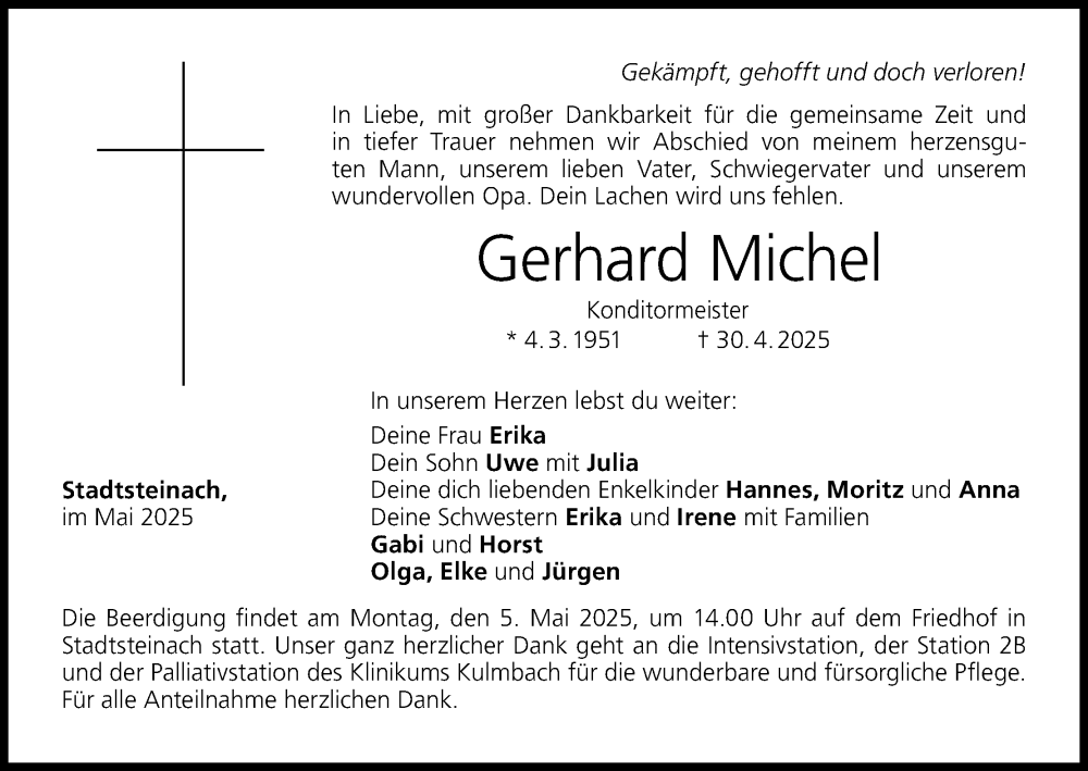  Traueranzeige für Gerhard Michel vom 03.05.2025 aus MGO