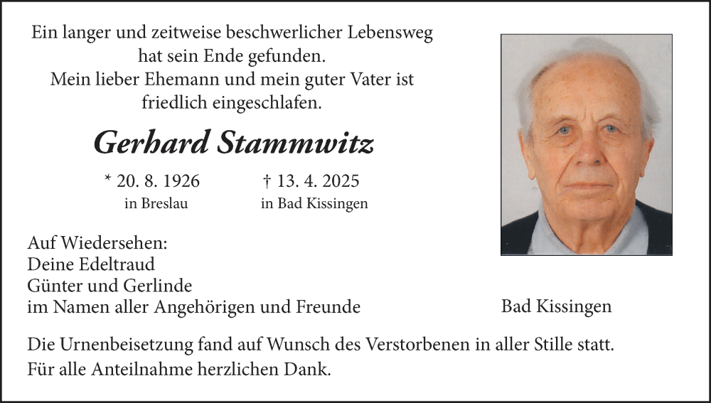  Traueranzeige für Gerhard Stammwitz vom 03.05.2025 aus MGO