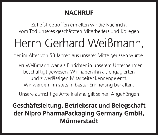 Anzeige von Gerhard Weißmann von MGO