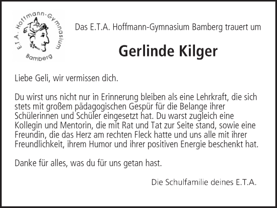 Anzeige von Gerlinde Kilger von MGO