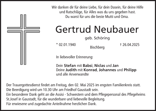 Anzeige von Gertrud Neubauer von MGO