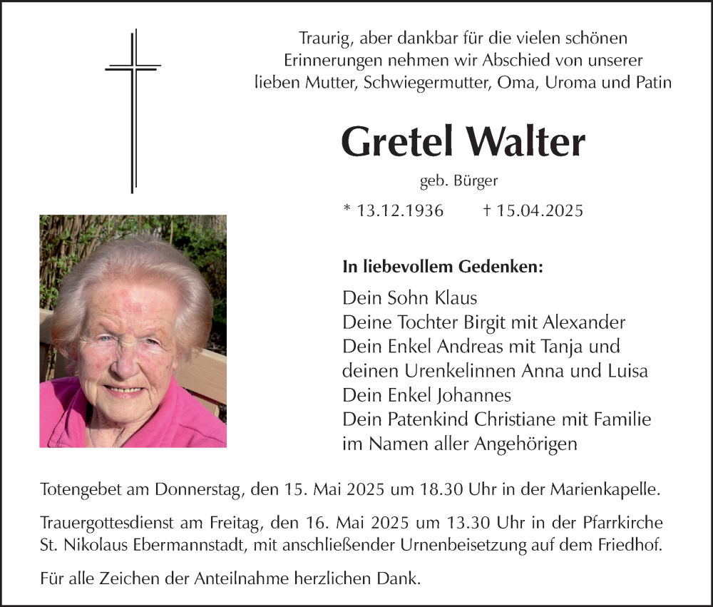  Traueranzeige für Gretel Walter vom 10.05.2025 aus MGO