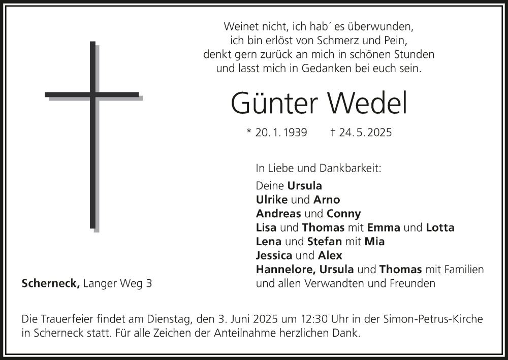  Traueranzeige für Günter Wedel vom 31.05.2025 aus MGO