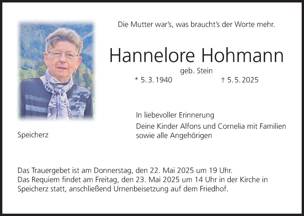  Traueranzeige für Hannelore Hohmann vom 17.05.2025 aus MGO