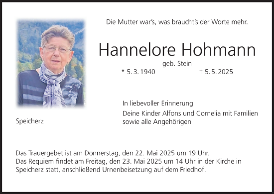 Anzeige von Hannelore Hohmann von MGO