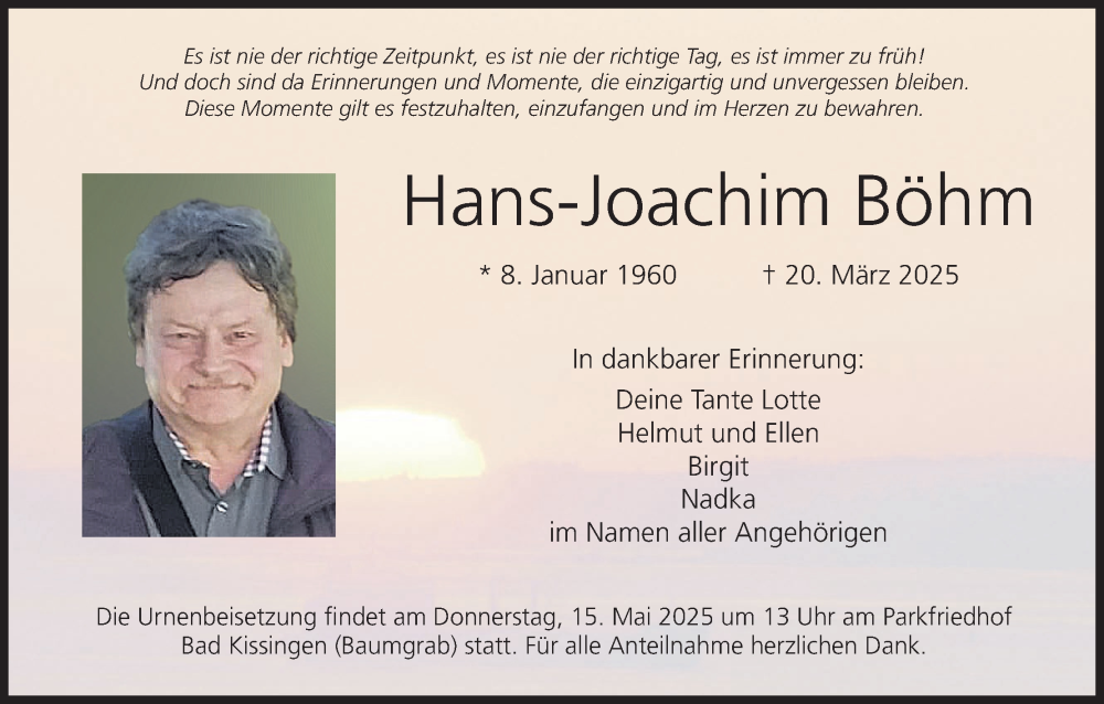  Traueranzeige für Hans-Joachim Böhm vom 10.05.2025 aus MGO