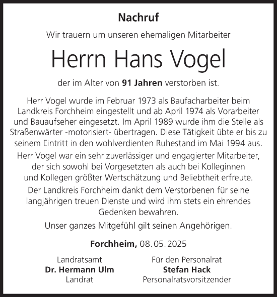 Anzeige von Hans Vogel von MGO