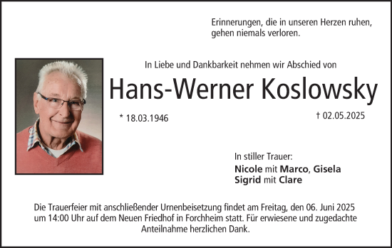Anzeige von Hans-Werner Koslowsky von MGO