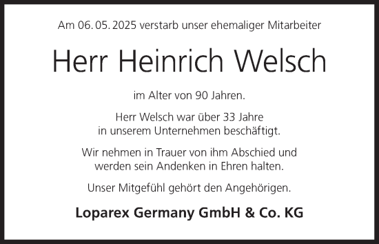Anzeige von Heinrich Welsch von MGO
