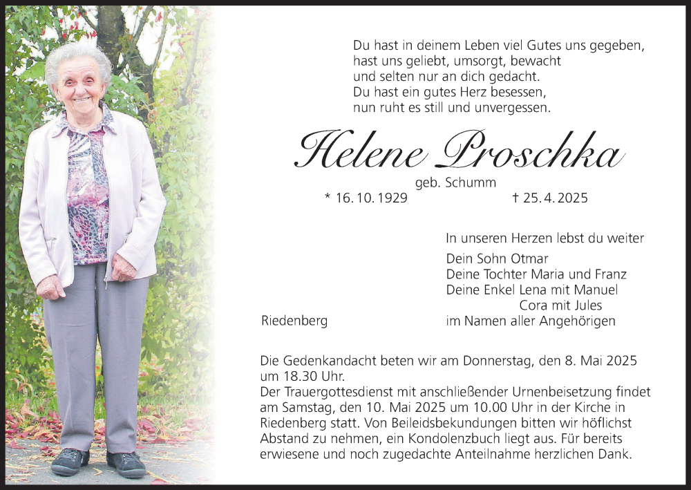  Traueranzeige für Helene Proschka vom 03.05.2025 aus MGO