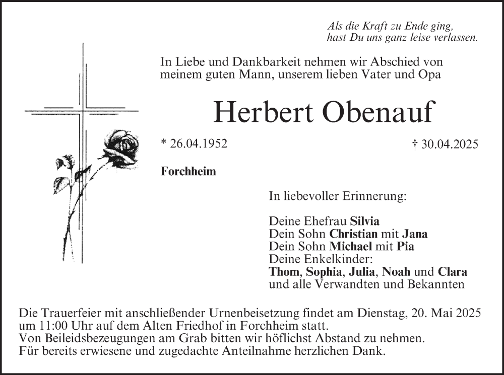  Traueranzeige für Herbert Obenauf vom 17.05.2025 aus MGO
