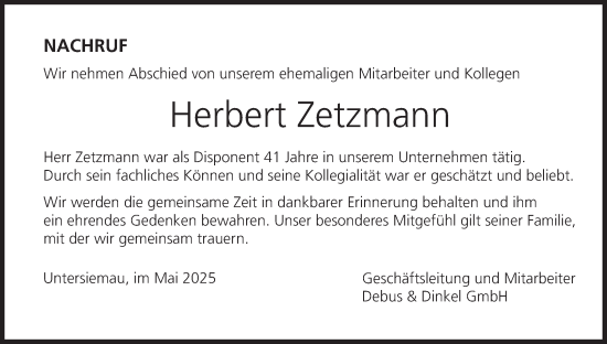 Anzeige von Herbert Zetzmann von MGO
