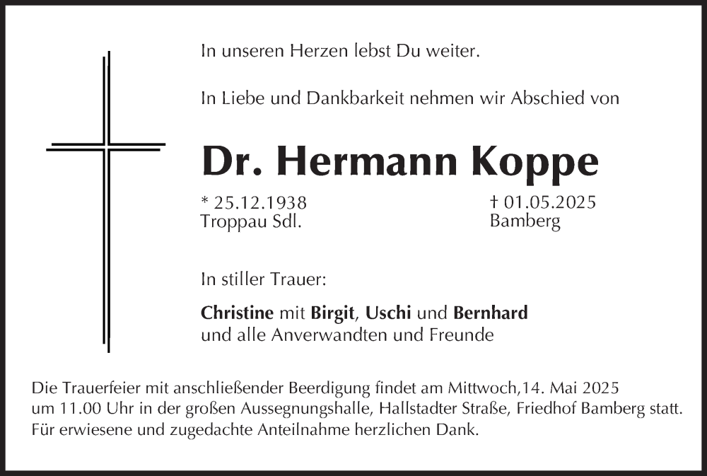  Traueranzeige für Hermann Koppe vom 10.05.2025 aus MGO