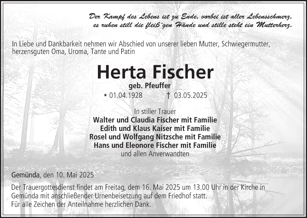  Traueranzeige für Herta Fischer vom 10.05.2025 aus MGO