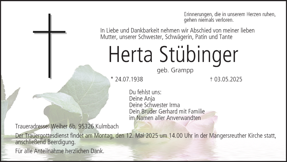  Traueranzeige für Herta Stübinger vom 08.05.2025 aus MGO