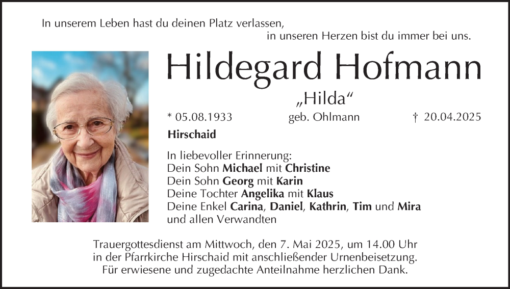  Traueranzeige für Hildegard Hofmann vom 03.05.2025 aus MGO