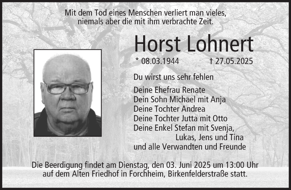  Traueranzeige für Horst Lohnert vom 31.05.2025 aus MGO