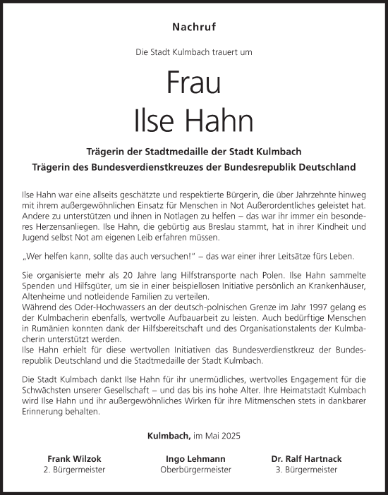Anzeige von Ilse Hahn von MGO