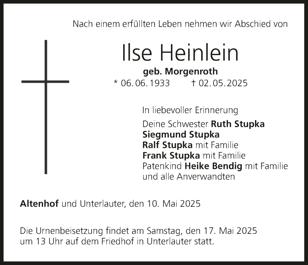  Traueranzeige für Ilse Heinlein vom 10.05.2025 aus MGO