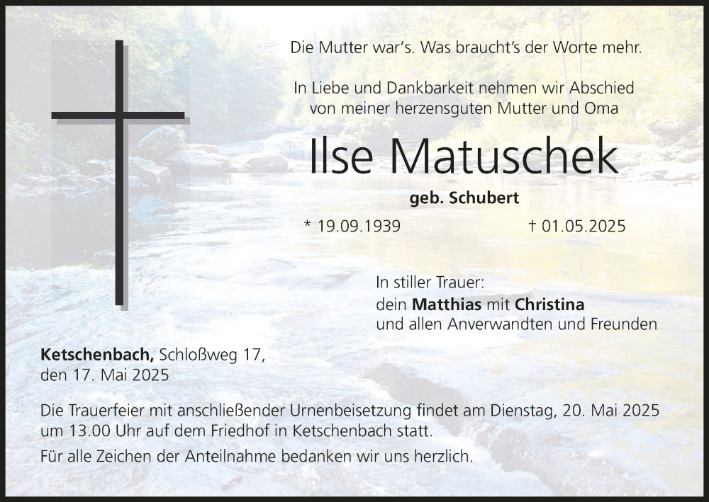  Traueranzeige für Ilse Matuschek vom 17.05.2025 aus MGO
