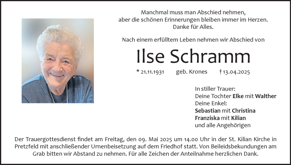  Traueranzeige für Ilse Schramm vom 03.05.2025 aus MGO