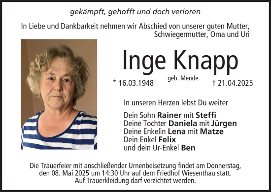 Anzeige von Inge Knapp von MGO