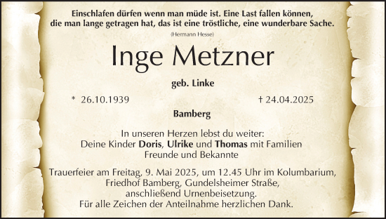 Anzeige von Inge Metzner von MGO