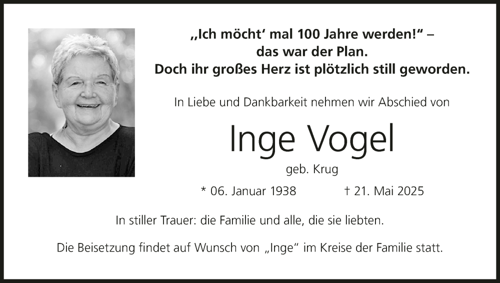  Traueranzeige für Inge Vogel vom 31.05.2025 aus MGO