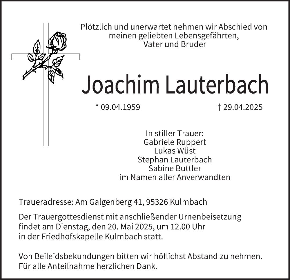  Traueranzeige für Joachim Lauterbach vom 17.05.2025 aus MGO