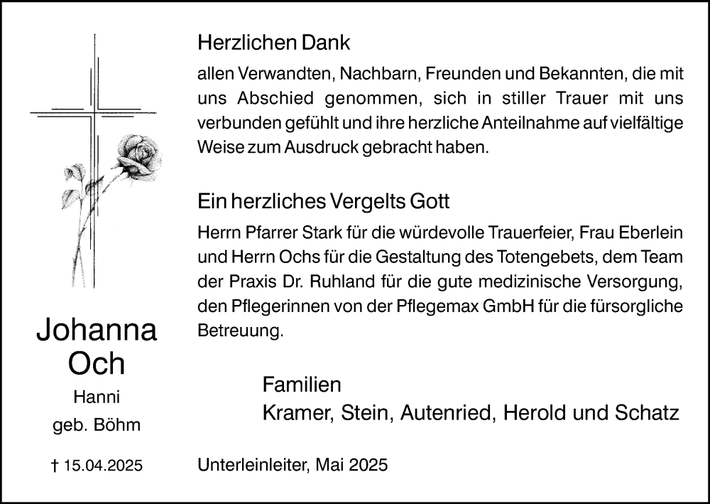  Traueranzeige für Johanna Och vom 10.05.2025 aus MGO