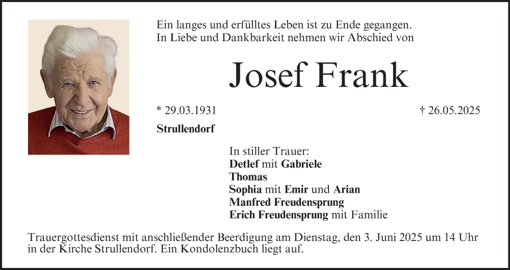  Traueranzeige für Josef Frank vom 31.05.2025 aus MGO