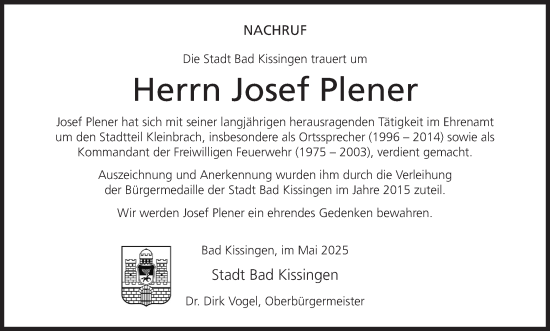 Anzeige von Josef Plener von MGO