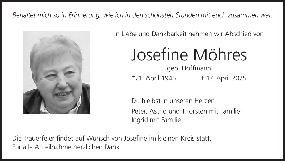  Traueranzeige für Josefine Möhres vom 14.05.2025 aus MGO