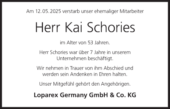 Anzeige von Kai Schories von MGO