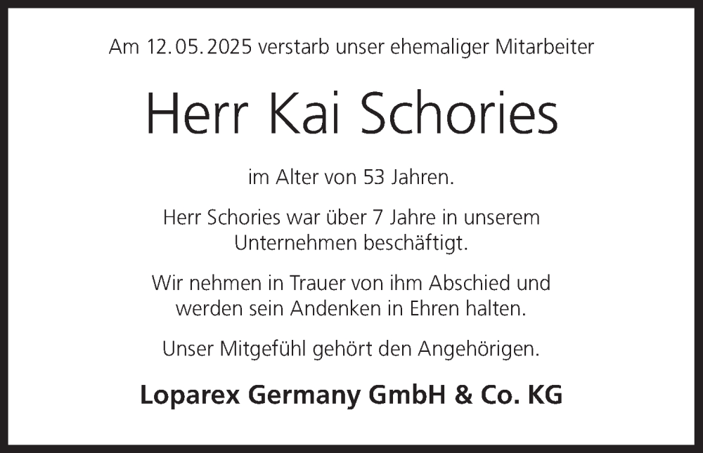  Traueranzeige für Kai Schories vom 20.05.2025 aus MGO