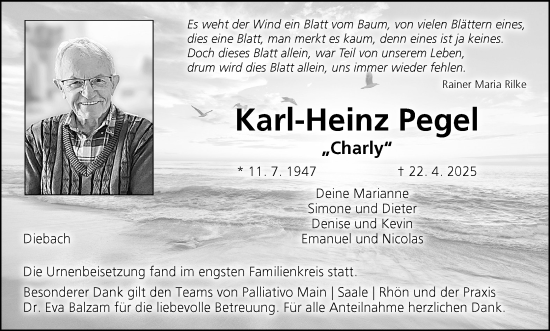 Anzeige von Karl-Heinz Pegel von MGO