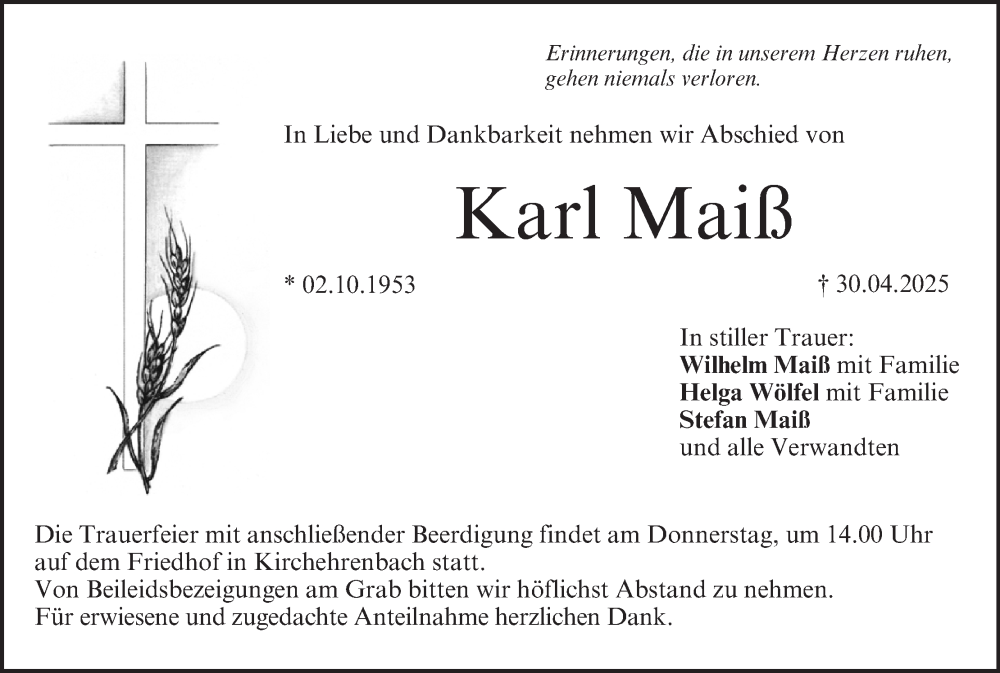  Traueranzeige für Karl Maiß vom 06.05.2025 aus MGO